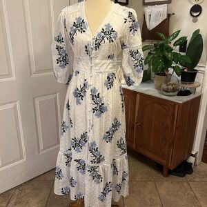 Bohme White Dress with Blue Floral Embroidery